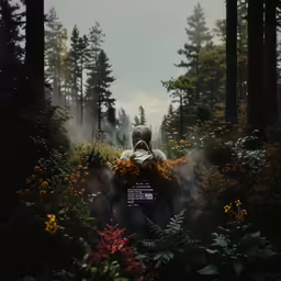the person is sitting in front of trees with fog