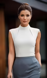the young woman is walking and posing for the camera