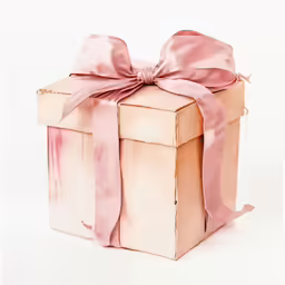an empty present box with a pink ribbon