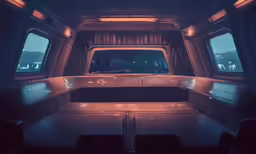 an empty space with some lights on and windows open
