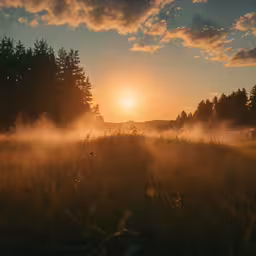 a foggy field is shown with trees and a sunrise
