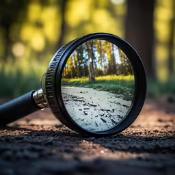 a magnifying lens reflecting a rural scene with trees in the background