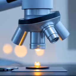 a microscope that is on a desk near some lights