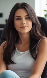 a woman is sitting in a chair and smiling