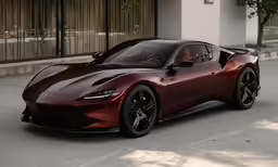 a red sport car parked in front of a building