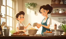 two women in the kitchen with a bowl of noodles
