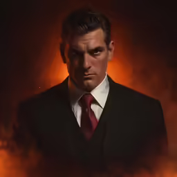a man wearing a red tie in front of a orange background