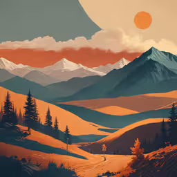 a painting of a mountainous area with trees and a mountain range,painting of mountains with trees in foreground and orange sun with clouds