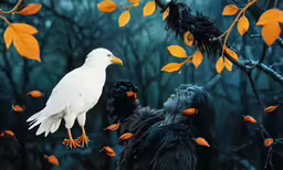 two people sitting in the leaves of a tree and two birds standing on the branch
