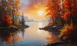 an artistic scene of a peaceful lake with some fallen leaves