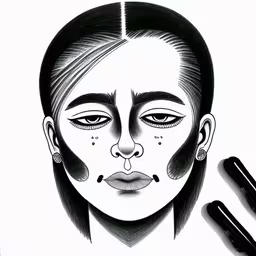some pencil drawing, with some ink on it,drawing a female face with black ink,a black and white drawing of a woman