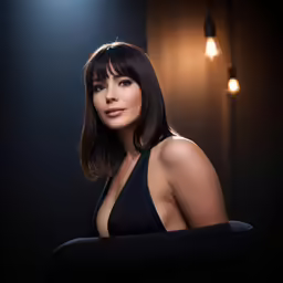 a woman sitting at a chair with a spotlight