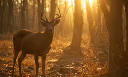 the gazelle is standing alone in the forest at sunset