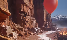 the large red balloon has taken flight from a rocky cliff