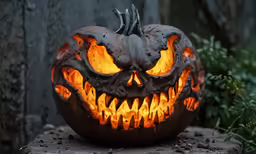 an evil pumpkin carved to look like a face