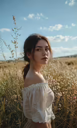 a girl with long hair stands in a field looking off to the side