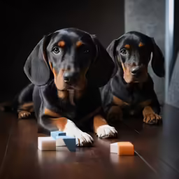 two dachshunds sitting on a table playing with blocks