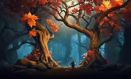 a boy walking through a forest in the fall