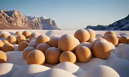 eggs lie in rows as snow covers the ground and mountains