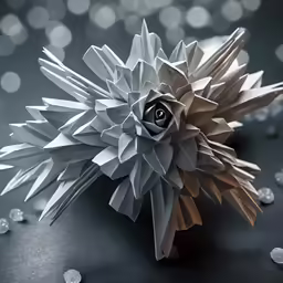 an intricate white flower on a black surface with silver speckles