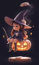 a woman dressed as a witch sitting on top of a jack o lantern
