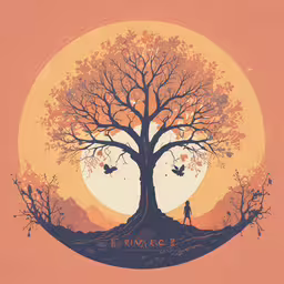 a poster depicting the colors of fall and a silhouette of a tree,tree with man in the background and birds flying around