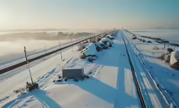 snowy road near a lake in winter