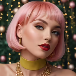a woman with pink hair and green eyes wears gold chains