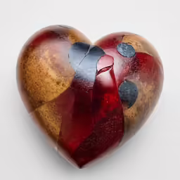 a heart shaped object with a painted red and brown decoration