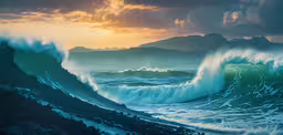 an image of waves in the ocean with sun setting,two large ocean waves breaking in to the shore