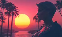 a girl standing on the beach at sunset