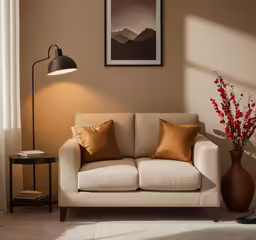 a living room is decorated in warm colors