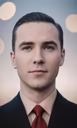 a man in a black suit with a red tie