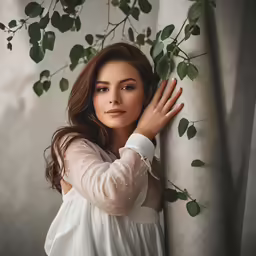 woman in white dress leaning up against tree