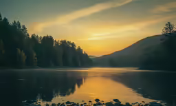 a beautiful sunset reflecting on a lake filled with stones