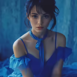 a young woman is sitting down in a blue dress