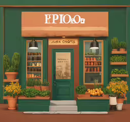 a potted plant sitting outside of a store front,an outside store with green windows, potted plants and potted vegetables