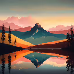 the silhouette of a mountain with trees in front of it, is reflected on a body of water,colorful mountain range painting showing sunset, with a lake reflecting the mountain