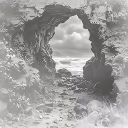 an old photograph of a rock tunnel by the beach