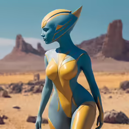 a blue woman in an alien like outfit is standing on the desert