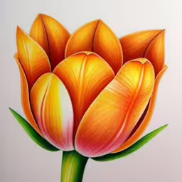 this is a large picture of a flower,a drawing of a flower that is bright orange,an orange flower on a white background,this picture shows a drawing of a orange tulip,the large flower has large green leaves on it