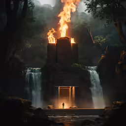 a man in a dark forest standing next to a waterfall
