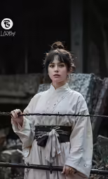 a woman standing next to a fence in a white robe