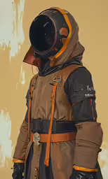 a person with brown and black outfit, wearing a helmet and a harness