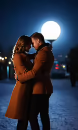 a couple cuddle in the snow at night
