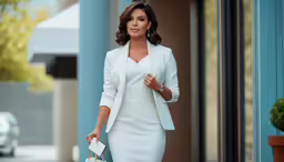 a woman in white walking down the street