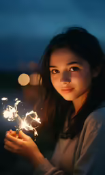 a girl holding sparklers at night time with bokeh