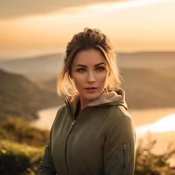 a woman looking at the camera, posing with the sunset behind her