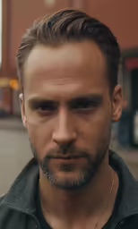 a close up of a man with a pout with a beard and shirt on