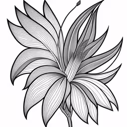a black and white drawing of a large flower,black and white flower with leaves on a stem